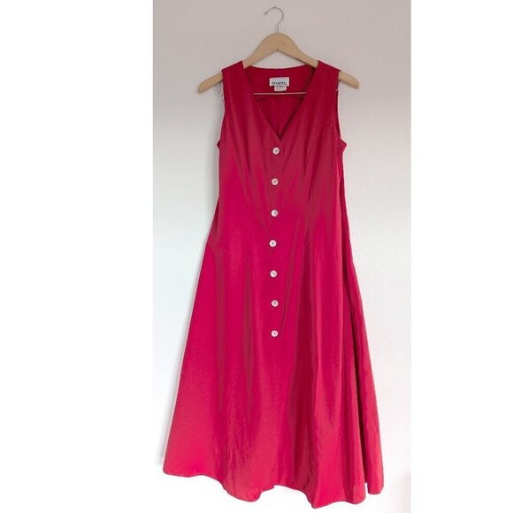 Vintage Dresses & Skirts - Vintage Red Shirt Dress, Sleeveless Mother of Pearl Buttons, Flouncy Dress